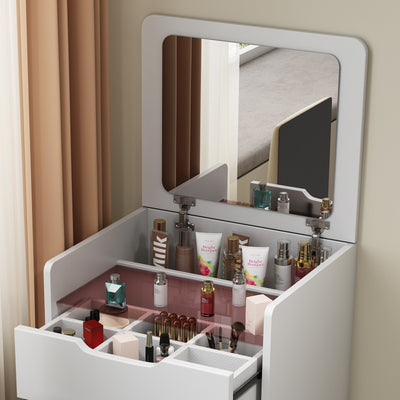 3 In 1 Vanity Desk With Plip Top Mirror,Small Make Up Vanity Set With Visible Glass Desktop,Compact